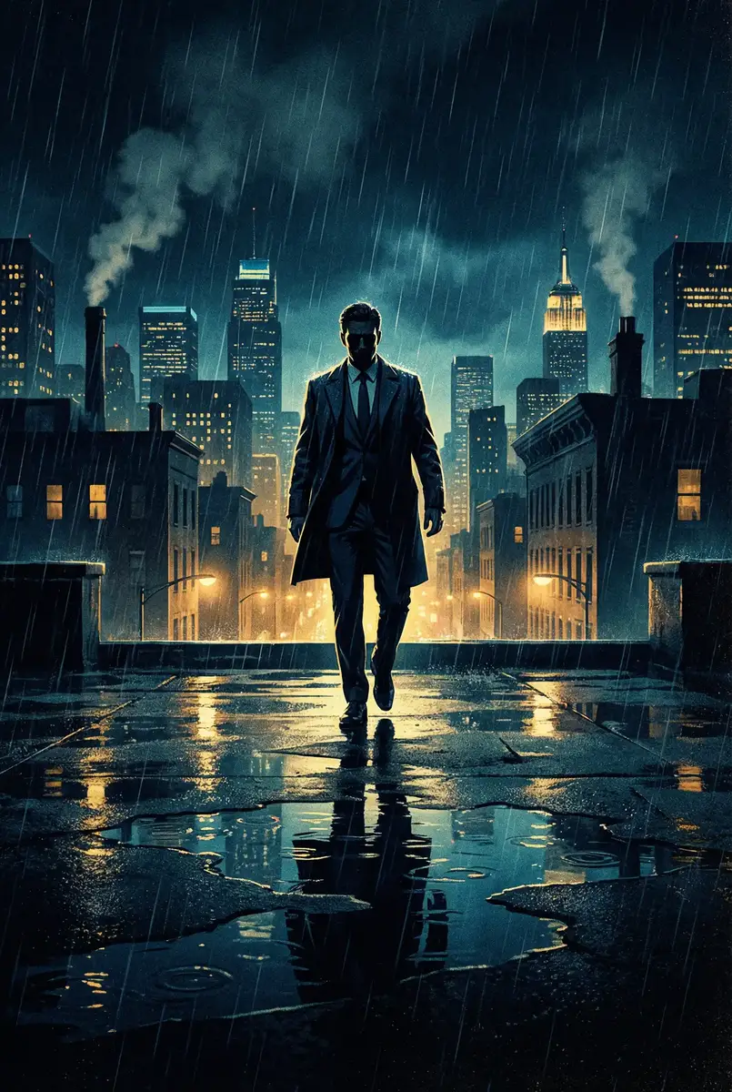 一级毛片AV 出品影片《雨夜独行者》海报，雨中城市屋顶男性剪影